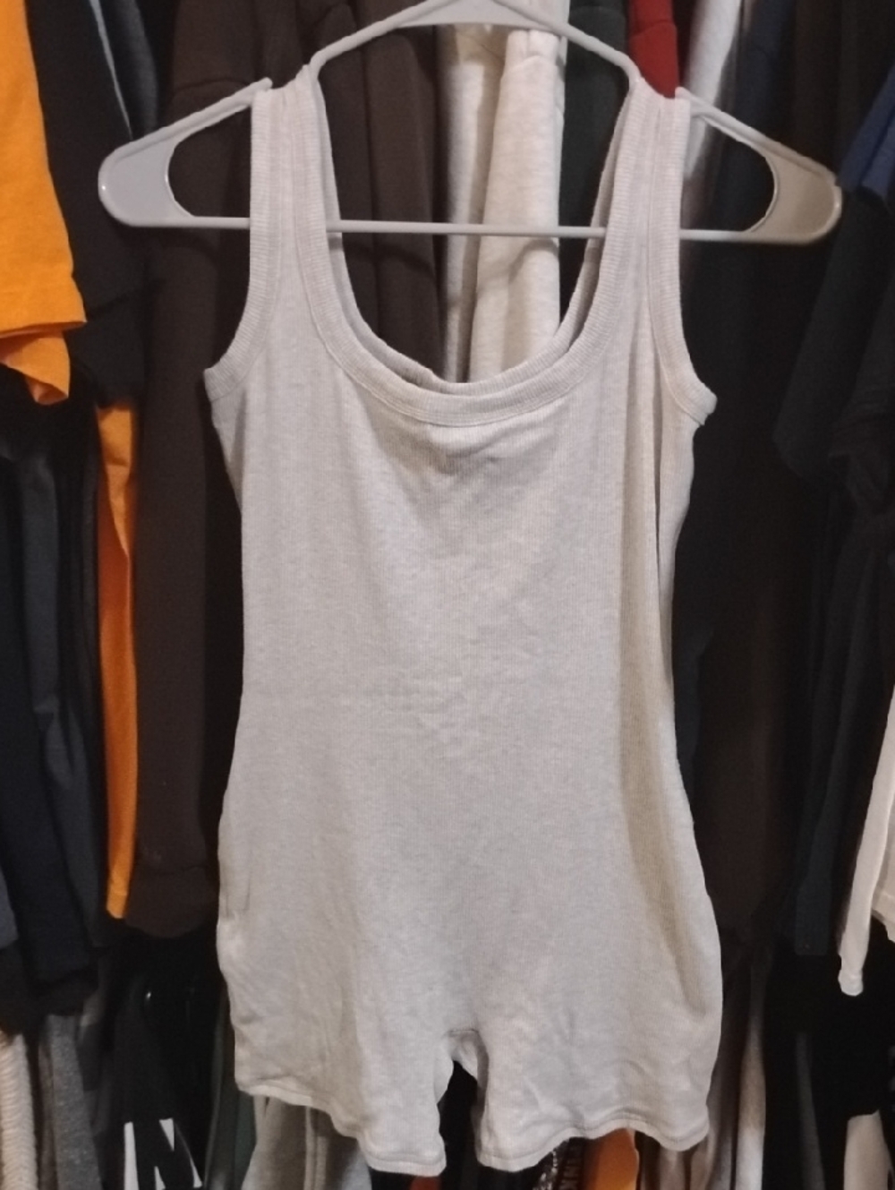 NWOT SKIMS Oatmeal Heather (Cream) Ribbed Lined Bodysuit w Shorts Size Medium